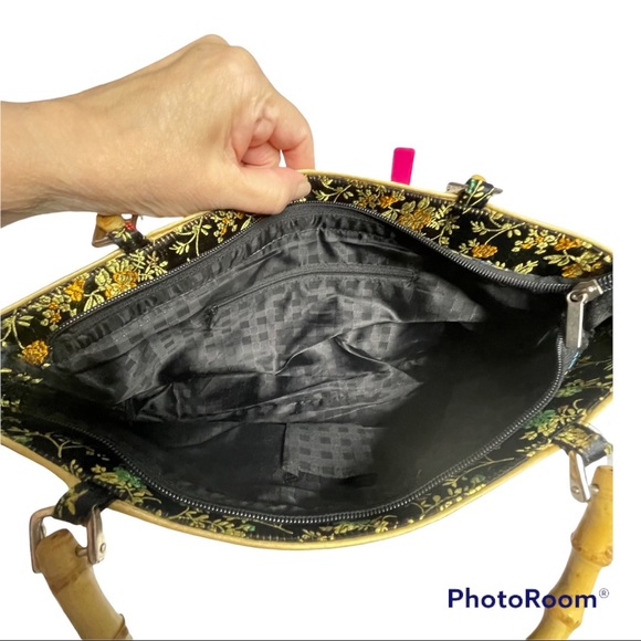 Asian Style Fabric Bag Bamboo Handles Zip Close - Picture 2 of 9